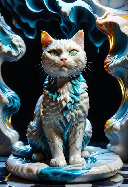 Ultrarealistic. sharp focus, dynamic lighting. play of light, Raytracing, Ultra detailed. (((Liquid Marble style))). A cat made of Liquid Marble.