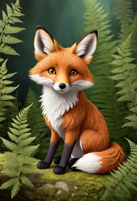A small, cartoon-like, illustrated, charming fox named Fern with soft, reddish-brown fur, a bushy white-tipped tail, and curious, wide amber eyes. Fern has a gentle, kind expression, with his ears perked up in attention.