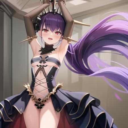 (hyper extreme detailed),(masterpeace),(hyper extreme),(photorealistic),CG,llustration,novel illustration,1girl, <lora:Felix_Schultz_v2:1> Felix_Schultz,purple hair,twintails,tiara,red eyes, black dress,long skirt,elbow gloves,high heels,mesugaki,arm up,