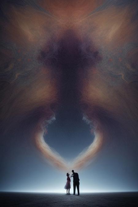 surreal, waltz of fractal smoke over the abyss, fantasy smoke, dresses and stars, dynamics, movement, wind, colorful, intricate details, perspective, hyper-detailed, hyper-realism, professional photoshoot