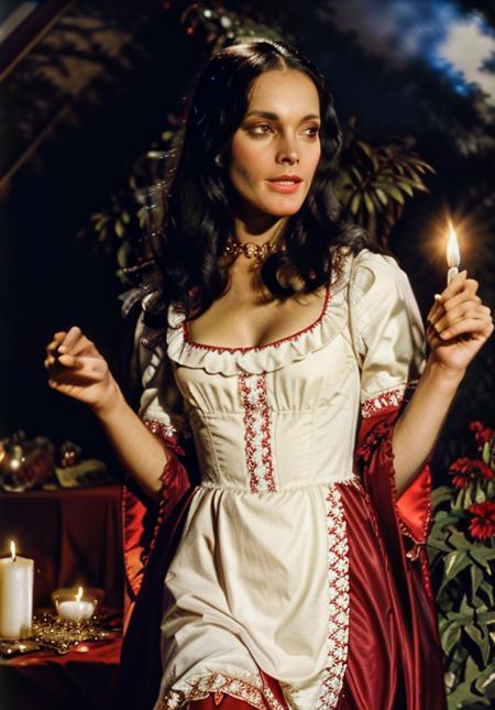 Masterpiece, best quality, MartinaBeswick, playing gypsy tambourines, red and white Gypsy clothes, long straight black hair, standing, close-up, outside, Gypsey camp, firelight, dancing Gypsy's in background, fog, (stunning and elegant 18th century red dress:1.2), sharp focus, highly detailed, 4k uhd, cinematic lighting, <lora:MartinaBeswick-15:1>, <lora:LowRA:0.6>,