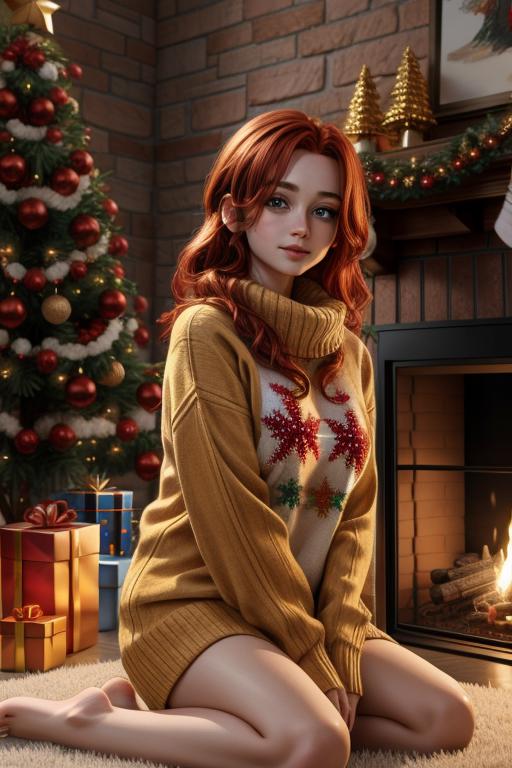 A woman sitting in front of a Christmas tree wearing a cozy sweater.