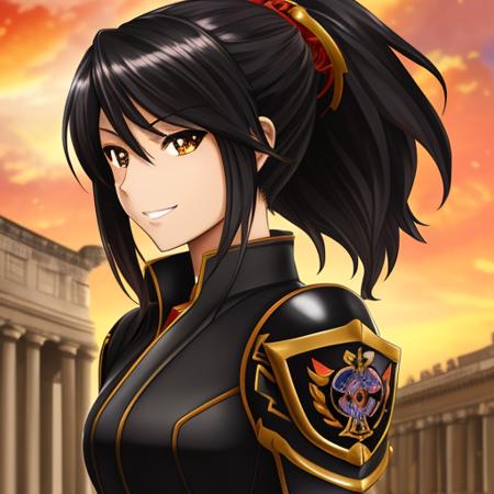 art by yaguru magiku, A teenage girl wearing a black western knight armor, angry smile, in the style of Kyoto Animation in the 2010s, official art, ((((black hair)), eyes of Haruhi Suzumiya, face of Haruhi Suzumiya)), beautiful symmetric face, ponytail, at Ancient Rome on a spring day, fantasy, alone, solo, 8k, posing of Haruhi Suzumiya