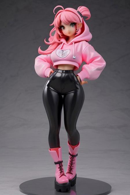 1girl, large breasts, big ass, topheavy, hoodie, young, cool, underboobs, sexy pose, over-knee platform boots, sexy, beautiful face, cute, colorful, tiny waist, focus on (underboobs:1.2), hair as pvc figure