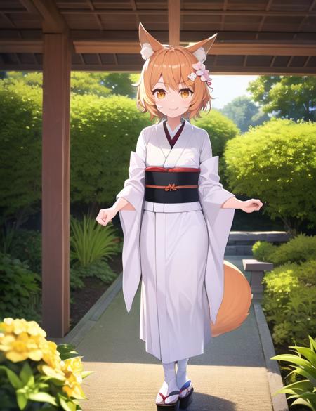 <lora:dikkoStyle:1>, masterpiece, best quality, 1girl, solo, cinematic lighting, 1girl, senko-san, sewayaki kitsune no senko-san, animal ears, fox ears, fox girl, fox tail, hair flower, hair ornament, orange eyes, orange hair, rimukoro, short hair, tail, flat chest, looking at viewer, light smile, full body, kimono, white_dress, japanese clothes, garden, outdoors, light smile, <lora:Kuhla:1>