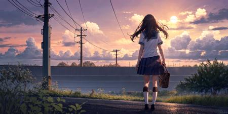 -blues, 1girl, solo, outdoors, cloud, sky, skirt, school uniform, socks, scenery, white socks, sign, grass, shoes, bag, standing, serafuku, kneehighs, from behind, shirt, cloudy sky, road sign, signature, sailor collar, wide shot, sunset, white shirt, utility pole, black skirt, black hair, pleated skirt, brown hair, facing away, short sleeves, power lines<lora:blues_20240115150616-000018:0.9>,