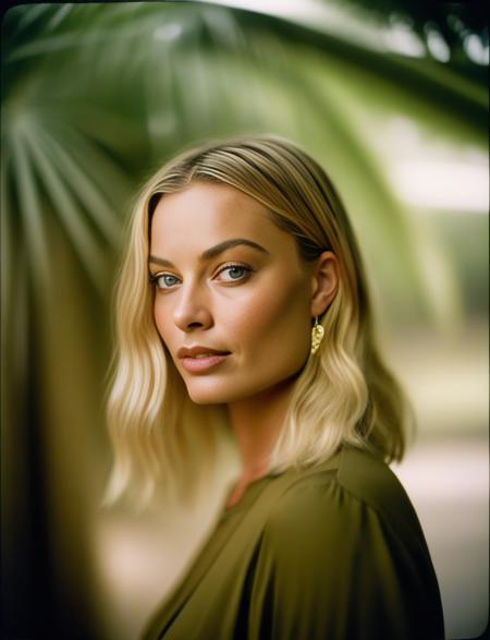 MargotRobbie, photograph, Female, wearing [Contemplative:Pure:17] Straw Olive Palazzo pants, Jamaican hair, from inside of a Fluffy School, warm vegetation, tilt shift, Masterpiece, Relieving, film grain, Kodak portra 400, Fish-eye Lens,  <lora:MargotRobbieSDXL:1>