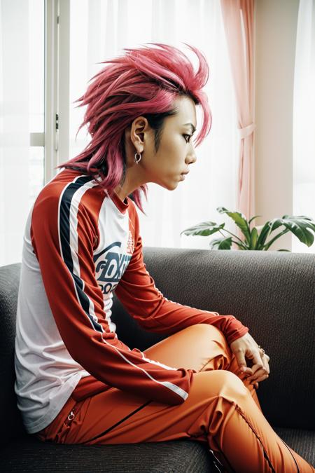 Hideto Matsumoto,  solo,  shirt,  long sleeves,  jewelry,  sitting,  pink hair,  earrings,  pants,  profile,  couch,  raglan sleeves,  1boy, <lora:EMS-57369-EMS:0.800000>