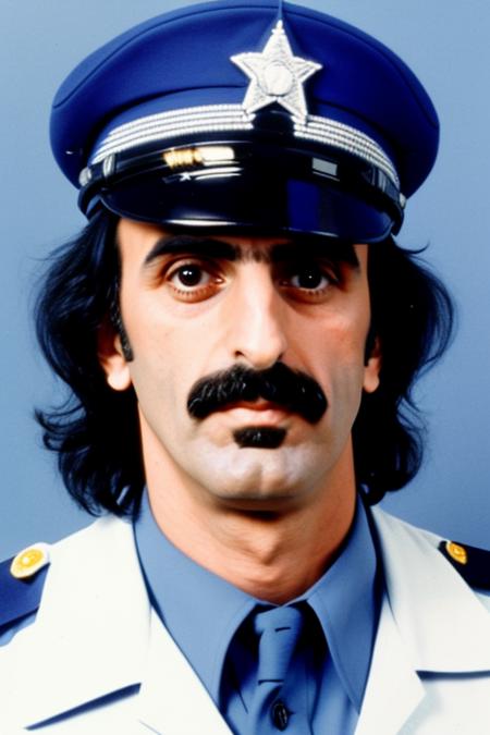 photo of z4pp4 as an american police officer in a blue uniform, film grain, soul patch goatee