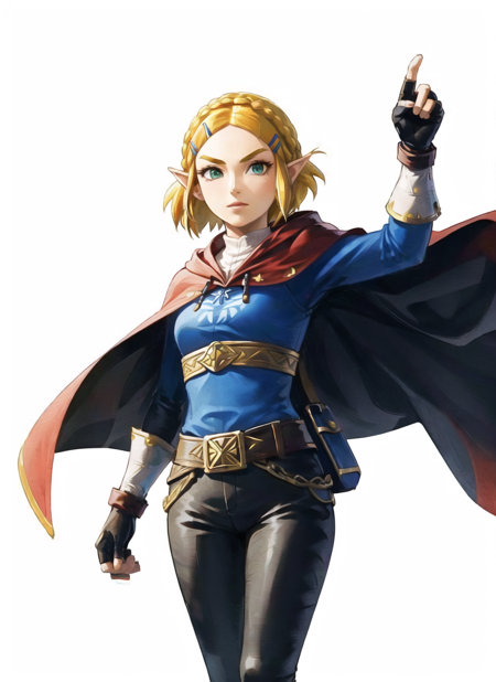 princess zelda, 1girl, black pants, blonde hair, braid, cape, crown braid, fingerless gloves, gloves, green eyes, hair ornament, hairclip, hood, hood down, long sleeves, looking at viewer, official alternate costume, official alternate hair length, official alternate hairstyle, pants, pointy ears, ponytail, sheikah slate, short hair, sidelocks, solo, thick eyebrows, ((masterpiece)),the legend of zelda: skyward sword 
<lora:tloz_offset:1>