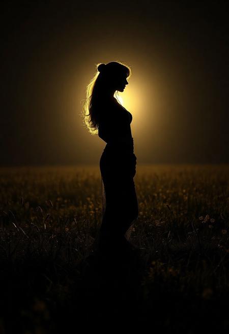 Beautiful woman silhouette on a dark luminescent meadow, shadow art, photorealistic concept art, cinematic lighting, soft natural volumetric effects. 8K UHD, high detail, intricate design, octane render. Radiating irresistible charm, perfect composition. Alluring, delicate details. High-quality masterpiece. Trending on Artstation.