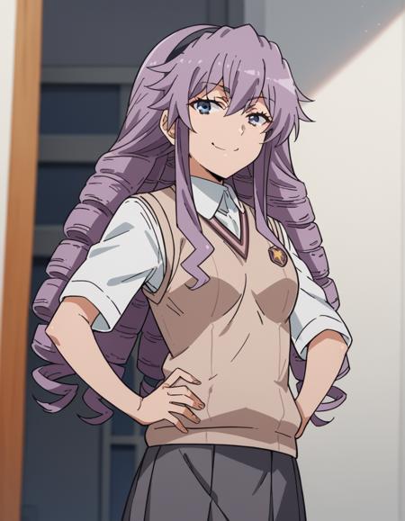 <lora:junko-hokaze-s3-ponyxl-lora-nochekaiser:1>, junko hokaze, long hair, purple eyes, purple hair, hairband, drill hair, skirt, school uniform, sweater vest, tokiwadai school uniform, brown sweater vest,