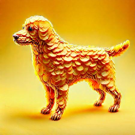 p1nkch1ps, made out of potato chips, masterpiece, extremely detailed, exquisite detail, intricate, ultra-realistic, ultra-detailed, bold outlines, dog made of chips, <lora:p1nkch1ps:1.5> <lora:made out of potato chips:1.5>