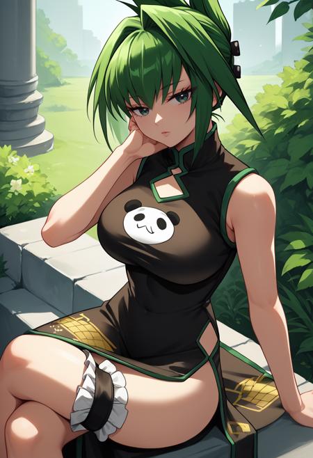 Jun, green hair, green eyes, updo, spiky hair, black china dress, thigh strap large breasts 