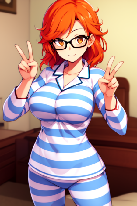 masterpiece, best quality, 1girl, alphes, orange hair, freckles, smile, glasses, pajamas, striped, double peace sign, bedroom <lora:alphes:1>