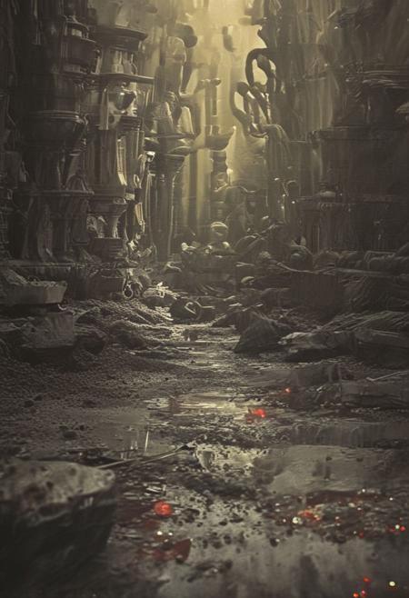 An otherworldly complex structure with pillars made of light and shadows, the ground pulsating with desaturated colors, ever-changing hues, embodying a dream within a dream, 
in the style of the movie ambiance of Ridley Scott's 'Alien' with 80s sci-fi nostalgia. Blend dreamlike, claustrophobic spaces, grimdark Warhammer 40K magic, and campy yet sinister tones. Envision a surreal, dystopian world where arcane forces meet retro-futuristic sci-fi, creating a uniquely haunting tableau
, in the style of an old 80's VHS dark fantasy, VHS screen grab, grainy, old footage