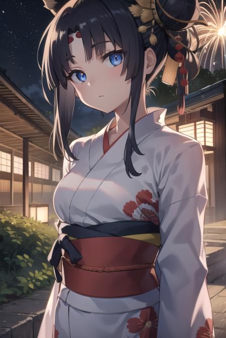 ushiwakamaru, <lyco:ushiwakamaru-lyco-nochekaiser:1>, 
ushiwakamaru, black hair, blue eyes, long hair, side ponytail, sidelocks, parted bangs, (small breast:1.2), hair bun, single bun, side bun,
BREAK japanese clothes, (yukata:1.5), obi, sash,
BREAK looking at viewer,
BREAK outdoors, fireworks, night, festival,
BREAK <lyco:GoodHands-beta2:1>, (masterpiece:1.2), best quality, high resolution, unity 8k wallpaper, (illustration:0.8), (beautiful detailed eyes:1.6), extremely detailed face, perfect lighting, extremely detailed CG, (perfect hands, perfect anatomy),