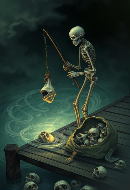 "Skeletal fisherman stands on a weathered dock in purgatory, fishing rod in hand, as he casts his line into a pool of swirling, ethereal mist. The water's surface is dotted with human faces, each contorted in agony and despair, as if the very essence of their souls has been distilled into these tiny, tortured visages. The fisherman's hook has snagged a particularly large soul, and he strains to reel it in, his bony fingers gripping the rod with a fierce determination. Beside him lies an open bag, overflowing with the glowing, misty forms of countless other souls he's collected, their faces frozen in perpetual torment. Style: haunting, atmospheric, and richly detailed, with a focus on capturing the eerie, otherworldly quality of the purgatorial landscape and the fisherman's macabre trade."