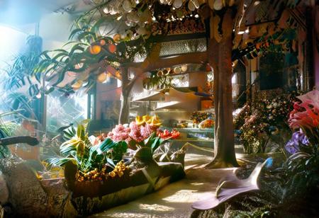 Photograph, masterpiece,best quality, of An astonishing award winning, art installation, the interior of an incredible starship, poly acrylic resin molded tree sculptures, fake plastic flowers, 1970s Brazilian Tropicalia retrofuturism, in the style of Pipilotti Rist, complex shadows, retro, science fiction style