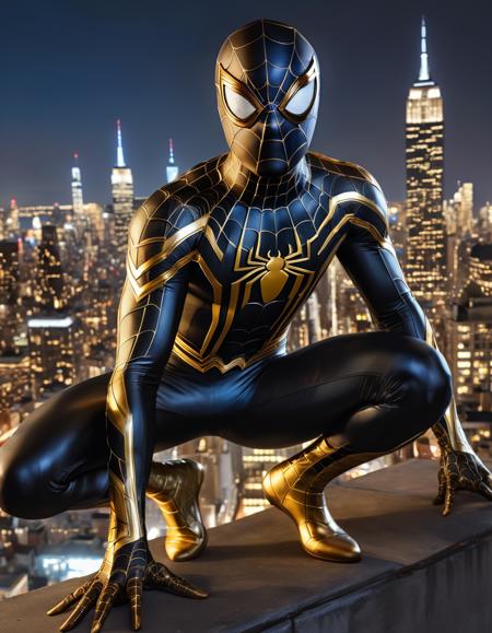 Portrait painting of Spider-Man wearing a (stunning VANTA-BLACK and gold suit), ultra realistic, concept art,  eerie, highly detailed, photorealistic, art by artgerm and Jim Lee, NYC in the background, Full Body, Night time, HDR10, 8k hdr, RAW, remarkable color, hyperrealistic, (intricate details), deep shadows, contrast,