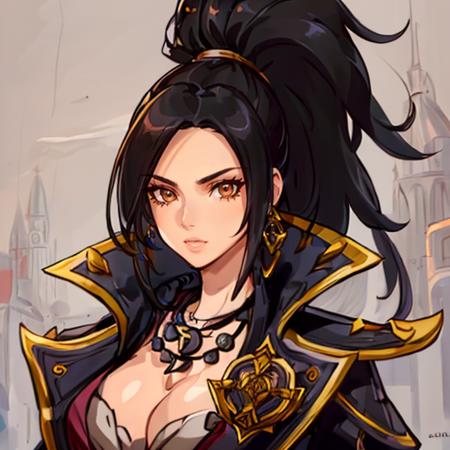 (( portrait:1.2)) <lora:BlackfangLora:0.8> black hair, ponytail, jewelry, necklace, cleavage, long hair, coat, boots, brown eyes, gloves, belt, beautiful eyes, beautiful girl, high detail skin, high detail eyes, high detail hair, ((highres, ultra detailed,