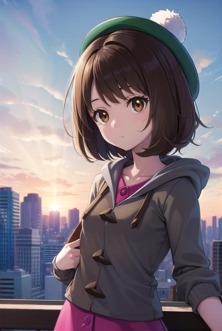 pokemongloria, <lyco:pokemongloria-lyco-nochekaiser:1>,
pokemongloria, (brown eyes:1.5), brown hair, medium hair, (small breasts:1.2),
BREAK cardigan, dress, green headwear, grey cardigan, hood, hood down, hooded cardigan, long sleeves, pink dress, short dress,
BREAK looking at viewer, full body, upper body,
BREAK outdoors, city, sky,
BREAK <lyco:GoodHands-beta2:1>, (masterpiece:1.2), best quality, high resolution, unity 8k wallpaper, (illustration:0.8), (beautiful detailed eyes:1.6), extremely detailed face, perfect lighting, extremely detailed CG, (perfect hands, perfect anatomy),