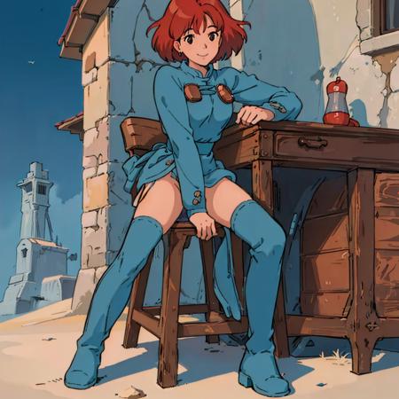 masterpiece, high quality, 1girl, (masterpiece:1.4), (best qualit:1.4), (high resolution:1.4), 1girl, redhead, brown eyes, smile, Nausicaa, sit on a chair, no panties, high blue boot, colorful, full body,<lora:Nausicaa V0.5:0.8>