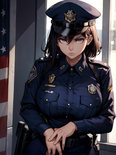 woman, police uniform, serious, stern,