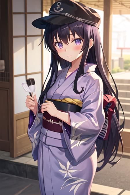 best quality, masterpiece, highres, solo, {yukata:1.40}, {kimono:1.20}, {akatsuki_kantaicollection:1.15}, long_hair, serafuku, hat, anchor_symbol, purple_eyes, purple_hair, flat_cap, blush, black_hair, hair_between_eyes