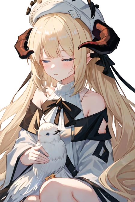 best quality, masterpiece, highres, solo, {nightingale_arknights:1.15}, long_hair, horns, blonde_hair, bangs, blue_eyes, hat, very_long_hair, white_headwear, upper_body, demon_horns, 1girl, bare_shoulders, bird, dress, horns_through_headwear, long_sleeves, white_background, white_dress, simple_background, bird_on_hand, closed_eyes