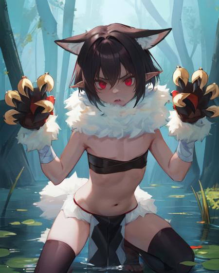 Shaman, red eyes, short black hair, pointy ears,   flat chest, menacing look,  hands up, crouching, 
Sattire, thighhighs, midriff, bandeau, gloves, claws, fur trim, loincloth,animal skull, chest straps,
 in a  swamp,
 (insanely detailed, beautiful detailed face, masterpiece, best quality)   <lora:shaman-10v2:0.7>