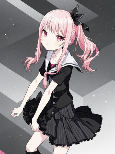 masterpiece, best quality, akiyama mizuki, black serafuku, two-tone neckerchief, striped dress, frilled skirt, pink hair, pink eyes, full body