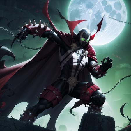 spawn, moon, red cape, solo, male focus, full moon, spikes, night, glowing eyes, glowing, belt, green eyes, chain, gloves, battle, dynamic pose <lora:spawn:0.9>