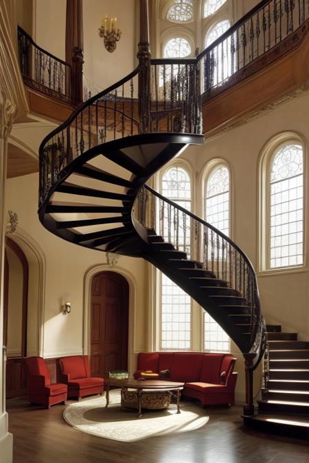 Interior of lobby that has s spiral stairs ,the lobby has light furniture ,neoclassic style