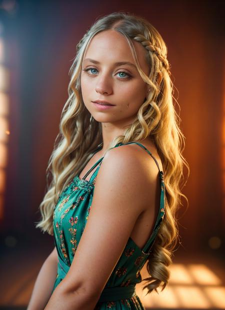 portrait of skswoman, happy , wearing maxi dress , with light blonde Braids , background autumn epic (photo, studio lighting, hard light, sony a7, 50 mm, matte skin, pores, colors, hyperdetailed, hyperrealistic), <lyco:Michelle JennerV2:1.2>