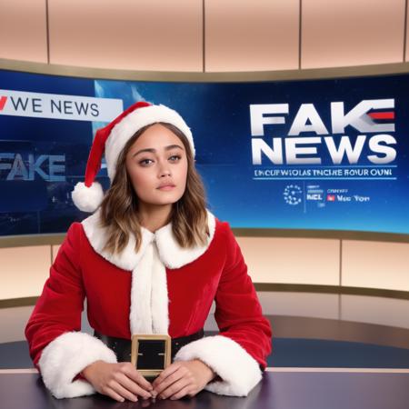 ella_purnell, <lora:EllaPurnellXL:1>, tv news moderator dressed as santa claus, long hair, looking at viewer, serious face, santa claus outfit, santa hat, sitting, tv news studio, tv screen in background with text that reads ('Fake news' text logo:1.5), indoors, jacket,traditional media, table,  own hands together, holding paper,  realistic, <lora:AI_Overlord_Santas_-_The_Green_Team_LoRA:1>, ((perfect eyes, detailed eyes,realistic eyes)), ((sharp face, detailed face, realistic face, naturtal skin, realistic skin, detailed skin, pores))