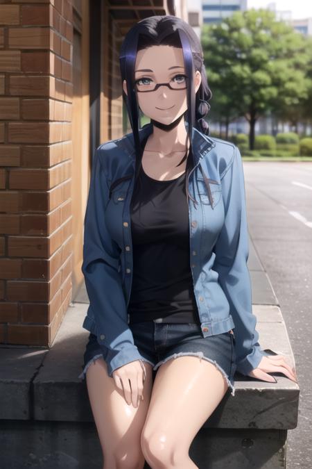 (((picture perfect))), (absurdres), 1girl, solo, <lora:smith-monmusu:0.8>, kuroko smith, brown eyes, denim jacket, collarbone, glasses, under-rim eyewear, looking at viewer, smile, sitting