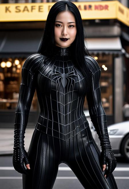 score_9, score_8_up, score_7_up, best quality, realistic, masterpiece, beautiful detail, hyperrealistic, cafe, ((1girl, woman body, huge breasts)), amazing detailed full body portrait of a beautiful japanese girl, wearing a realistic and highly detailed black raimi spider-man suit, ((huge muscular girl)), professional model wears ultra - detailed black raimi spider - man suit, ultra - detailed and grained black raimi spiderman suit, suit covered entire body and hand, black spiderman gloves, wet, (full body), (looking at viewer, dynamic pose, black hair, black lipstick), smile, octane render, highly detailed, volumetric, dramatic lighting, (highest quality:1.1), (HDR:1.3), (top quality, best quality), realistic, high definition, Expressionism - sharp focus, professional photography, masterpiece, ultra detailed photograph, high quality, 8k,