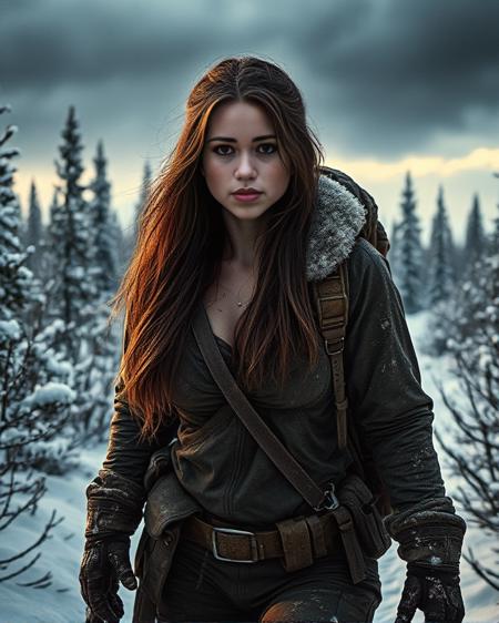 a photorealistic image of a brunette woman with long hair, wearing winter  outdoor survival outfit, trekking through a post-apocalyptic snowy tundra forest, as an artic hunter. She has a rugged, strong, and healthy appearance, sweaty and dirty, reflecting the harsh environment. Her body is proportionate, with medium-sized natural breasts, and she exudes resilience and determination. The scene should feature cinematic lighting, with dramatic weather — perhaps an approaching sandstorm or dark, stormy clouds — to enhance the intensity of the atmosphere