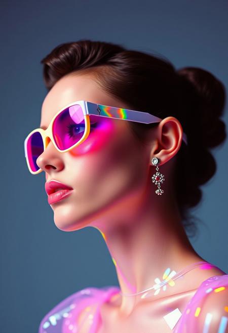 model , crystallisation, schizophernia, bioluminescent Jem the Hologram, surreal psychedelic flowing avant-garde art by Yoh Nagao and Erik Madigan Heck and Alan Aldridge, 1980's new wave totally radical fashion.,side view, side eye,