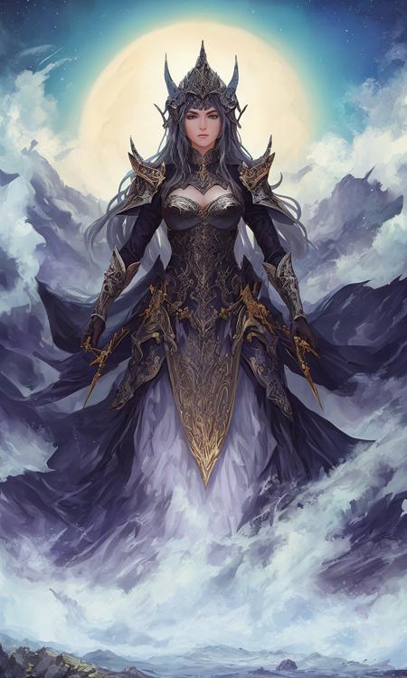 A digital painting of a (powerful:1.3) female warrior standing atop a (towering:1.2) mountain, gazing out over a (vast:1.1) fantasy landscape. She is dressed in sleek, (form fitting:1.2) armor, with intricate, (elegant:1.1) details and flowing (wavy:1.2) hair. The armor is adorned with (abstract:1.1) geometric patterns, and she holds a (deadly:1.1) sword in her hand. Behind her, the (sky:1.1) is filled with (starry:1.2) constellations and swirling clouds, evoking a sense of (astrology:1.2) and mystery. The image is rendered with a (realistic:1.1) style, featuring (cinematic:1.2) lighting and (detailed:1.2) shading. The overall effect is one of a (masterpiece:1.3), a (powerful:1.3) and (imposing:1.2) image that captures the essence of the warrior and her world. This image would be suitable for use on platforms such as (Artstation:1.1) and (Pixiv:1.1), and could be created by artists such as (Artgerm:1.1) and (Greg Rutkowski:1.1). It would be suitable for use in (concept art:1.1) and (illustration:1.1) projects, and could be presented in a variety of styles, including (digital painting:1.1) and (ink splashing:1.2). The overall effect is one of a (powerful:1.2) and (imposing:1.1) image, a true (masterpiece:1.2) of fantasy art.