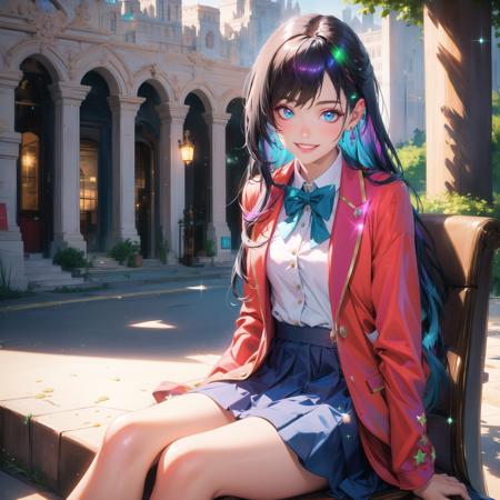 masterpiece, high quality, highres, absurdres, 1 girl, black hair, very long hair, glimmer, glitter, school uniform, cofe, smiling, sitting, in public, celebrity, glowing, glow, chistyle, style, chi,detailchi,  half body, jewelry,fantasy, <lora:GoodHands-beta2 (1):1.5>,   <lora:chiistyle:0.4>, <lora:asb-CH2:1>,