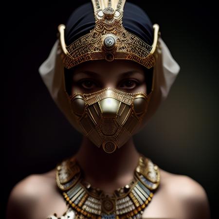 photo, a female pharaoh, intricate details, modelshoot style, dreamlikeart, dramatic lighting, OVERMASKED, highly detailed eyes. 8k, highly detailed, trending artstation,