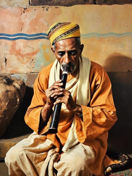 a Jasper Johns painting of Moroccan snake charmer playing his flute