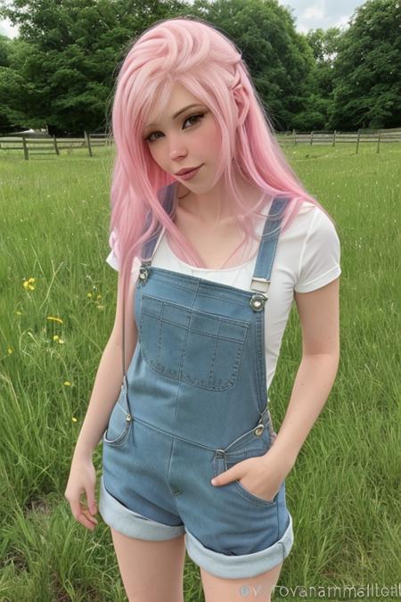 wearing overalls, white shirt, beautiful eyes, looking at viewer, closeup portrait face, best quality, upper body, BelleDelphine, woman standing outside,  on (a farm), nikon d850 film stock photograph 4 kodak 400 camera f1.6 lens rich colors hyper realistic lifelike texture natural lighting trending on artstation cinestill 800, (100mm lens),  <lora:BelleDelphineV1:1>, pink hair, mature face,