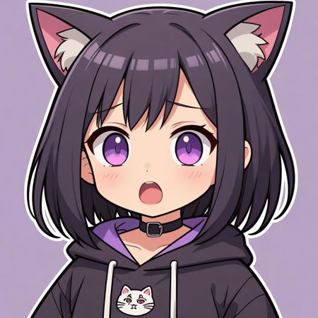 (flat cell shaded:1.1), girl, chibi, petite, short black hair, purple eyes, cat ears, choker, black oversized hoodie, simple background, portrait, (sticker:0.75), surprised,