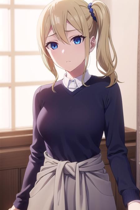 aihayasaka, <lora:ai hayasaka s3-lora-nochekaiser:1>,
ai hayasaka, bangs, blue eyes, blonde hair, hair ornament, hair between eyes, sidelocks, side ponytail, scrunchie, hair scrunchie, blue scrunchie,
BREAK shirt, long sleeves, school uniform, shoes, socks, sweater, cardigan, black socks, clothes around waist, shuuchiin academy school uniform, sweater around waist, cardigan around waist,
BREAK indoors, classroom,
BREAK looking at viewer, (cowboy shot:1.5),
BREAK <lyco:GoodHands-beta2:1>, (masterpiece:1.2), best quality, high resolution, unity 8k wallpaper, (illustration:0.8), (beautiful detailed eyes:1.6), extremely detailed face, perfect lighting, extremely detailed CG, (perfect hands, perfect anatomy),