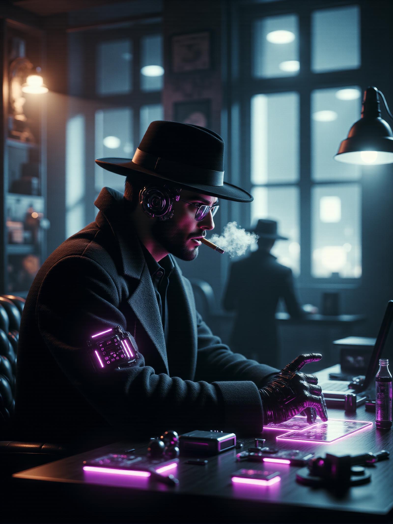 man in office sitting at a desk wearing futuristic detective clothing smoking cigar, cybernetic implants , hologram on table, cyberpunk, mad-neon-noir <lora:Neon_Noir_FLUX:0.9>