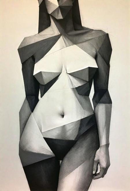 In this evocative sketch, the essence of the female torso is captured through the art of deconstruction. The live model, posing in artistic stances, lends inspiration to the charcoal lines that gracefully delineate the form. The sketch abstains from including limbs and the head, focusing solely on the torso and chest, emphasizing the raw beauty of the human core. Executed with precision, the charcoal lines exhibit a distinct sharpness, alternating between broad strokes and delicate tonal gradations. The artist skillfully plays with the interplay of light and shadow, accentuating the natural contours and curves of the torso. The lines, more pronounced at angles, accentuate the dynamic interplay between light and form, bringing forth a sense of depth and volume. The deconstruction of the female torso allows for an exploration of the skin's texture, and the lines intricately follow the contours, mimicking the subtle undulations of the body. The tonal variations created by the charcoal strokes evoke a sense of sensuality, revealing the inherent beauty in the play of light on the skin. The writing in this sketch follows the organic flow of the form, adapting to the curves and volumes of the torso. The charcoal lines, serving as both artistic expression and anatomical exploration, create a mesmerizing visual narrative that invites viewers to appreciate the beauty and complexity inherent in the deconstructed female torso.