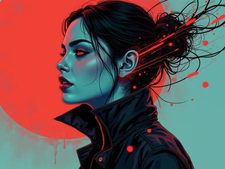 A futuristic cyberpunk female portrait, featuring a strong and mysterious woman with glowing red eyes. Her skin has an ethereal blue tint, contrasting against a bold red and teal background. Her dark hair is tied in a messy bun, with abstract energy streaks and splashes of paint emerging from it, creating a dynamic, almost digital distortion effect. She wears a sleek black high-collared jacket, giving her a rebellious and edgy appearance. The artwork is highly detailed, with sharp comic book-style linework and vibrant neon lighting. The composition is dramatic, with a side profile view and a strong emphasis on contrast and texture. Digital painting, futuristic cyberpunk aesthetic, ultra HD, vivid colors, concept art.